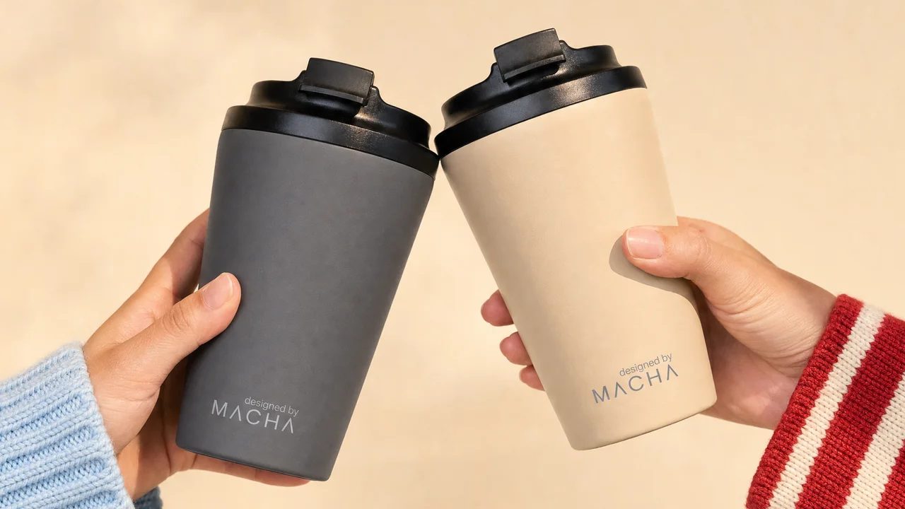 Two MACHA Cups touched together, Ristretto and Crema, held against a cream backdrop