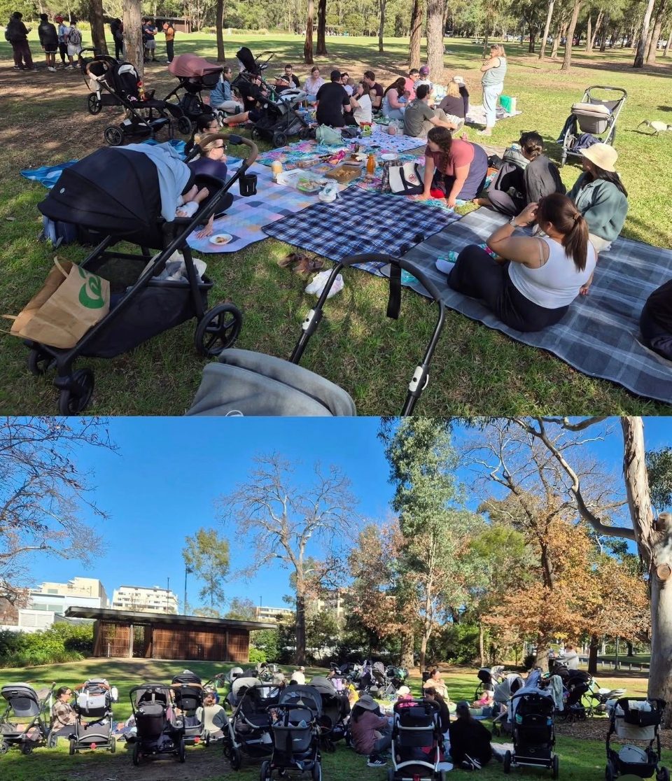 Two photographs: a group of parents sitting on picnic rugs with prams parked around them, and a wider view of the same gathering under trees