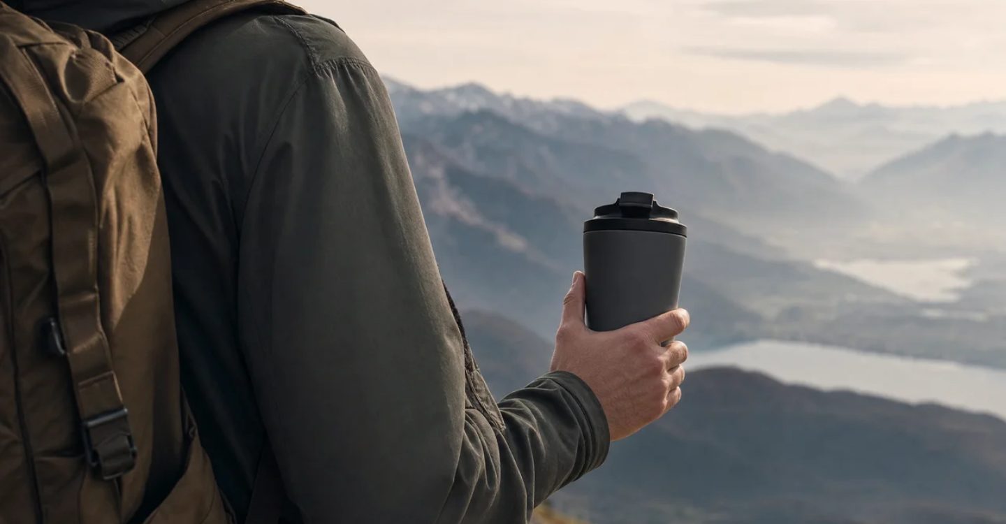 A walker with a pack at a mountain lookout holding the MACHA Cup in Ristretto, a lake and range below